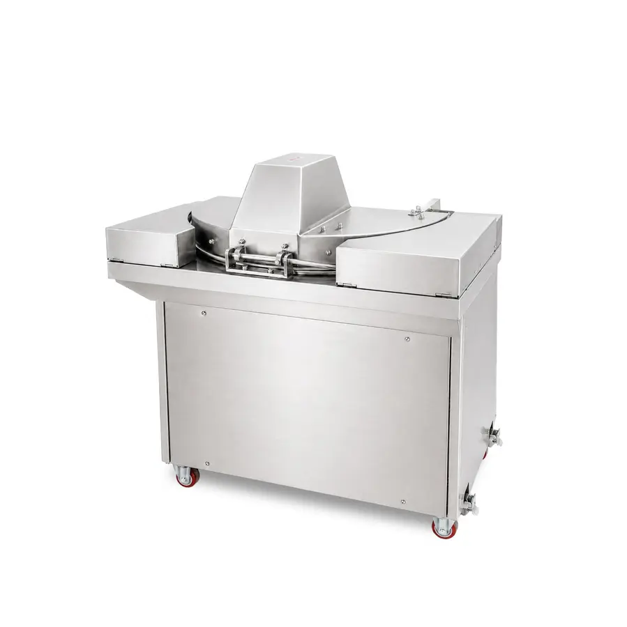 Stainless steel industrial cutter mixer with a central covered bowl, control components, and four caster wheels.