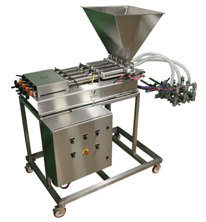 Stainless steel multi-nozzle food depositor machine on wheels with a large hopper and control panel.
