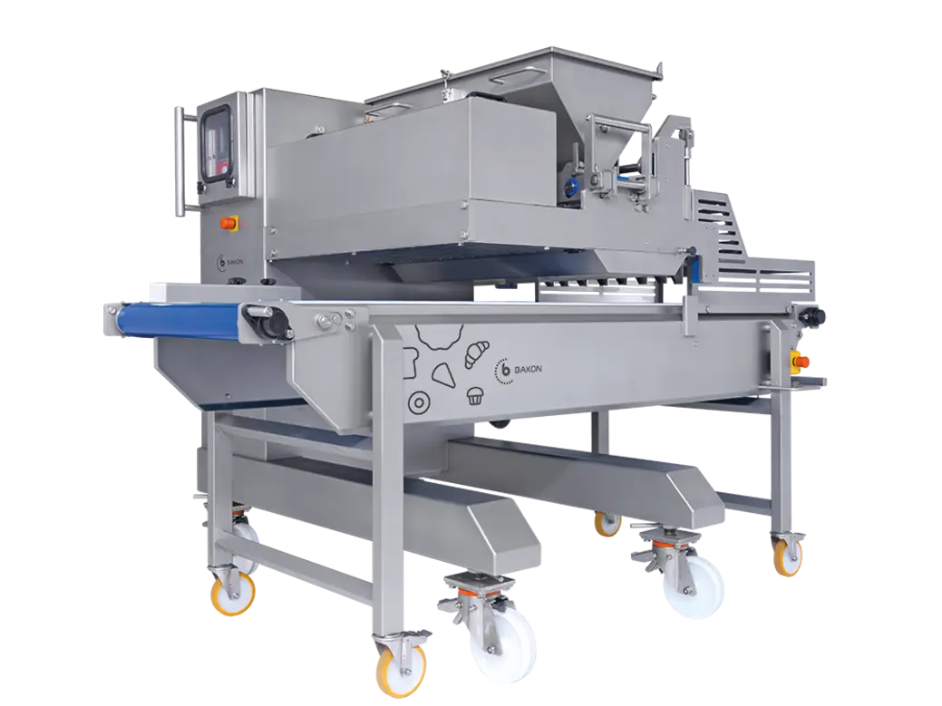 Piston-based volumetric food depositor on wheels with a conveyor system.