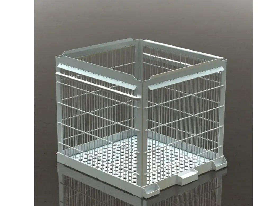 A gray metallic container with steel wire mesh sides and a square base.