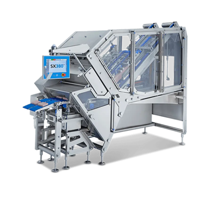 Industrial food slicer with transparent panels and a cleanable design.