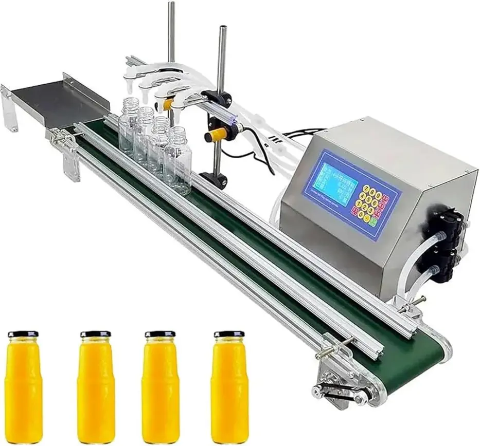 Automated bottle filling machine with conveyor belt and control panel.