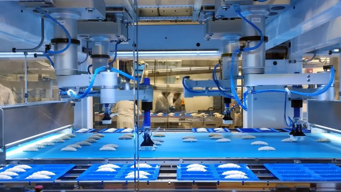 Automated food packaging line with blue conveyor belts, robotic inspection equipment, cameras, and packaged items.