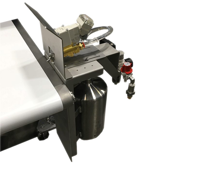 Food conveyor metal detector with air-blast reject device and reject bin