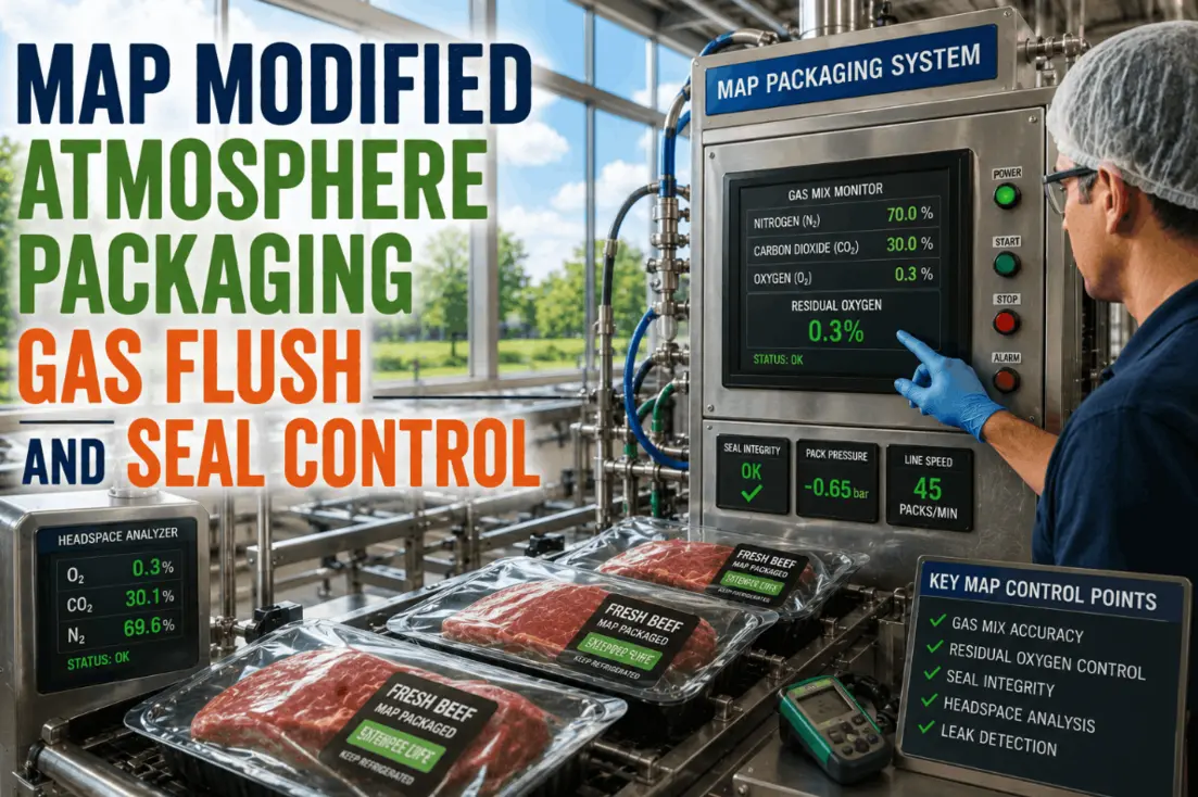 Technician measuring headspace gas levels in vacuum-sealed beef packages near a control panel.
