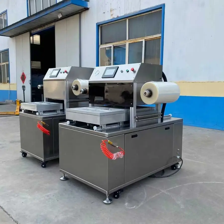 Industrial modified atmosphere packaging machine with two units, controlling gas flushing and sealing processes.