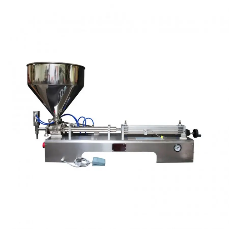 Small stainless steel piston filling machine with hopper, horizontal filling cylinder, tubing, and pressure gauge