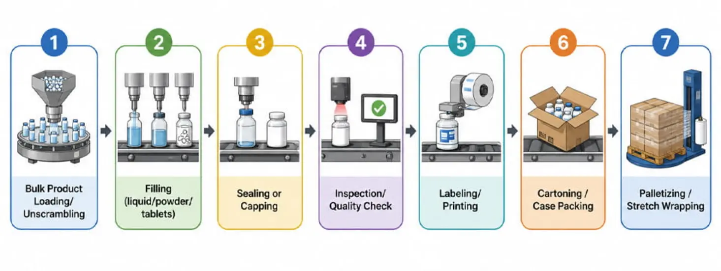 A seven-step process diagram illustrating the packaging line workflow, including bulk loading, filling, sealing, inspection, labeling, case packing, and palletizing.