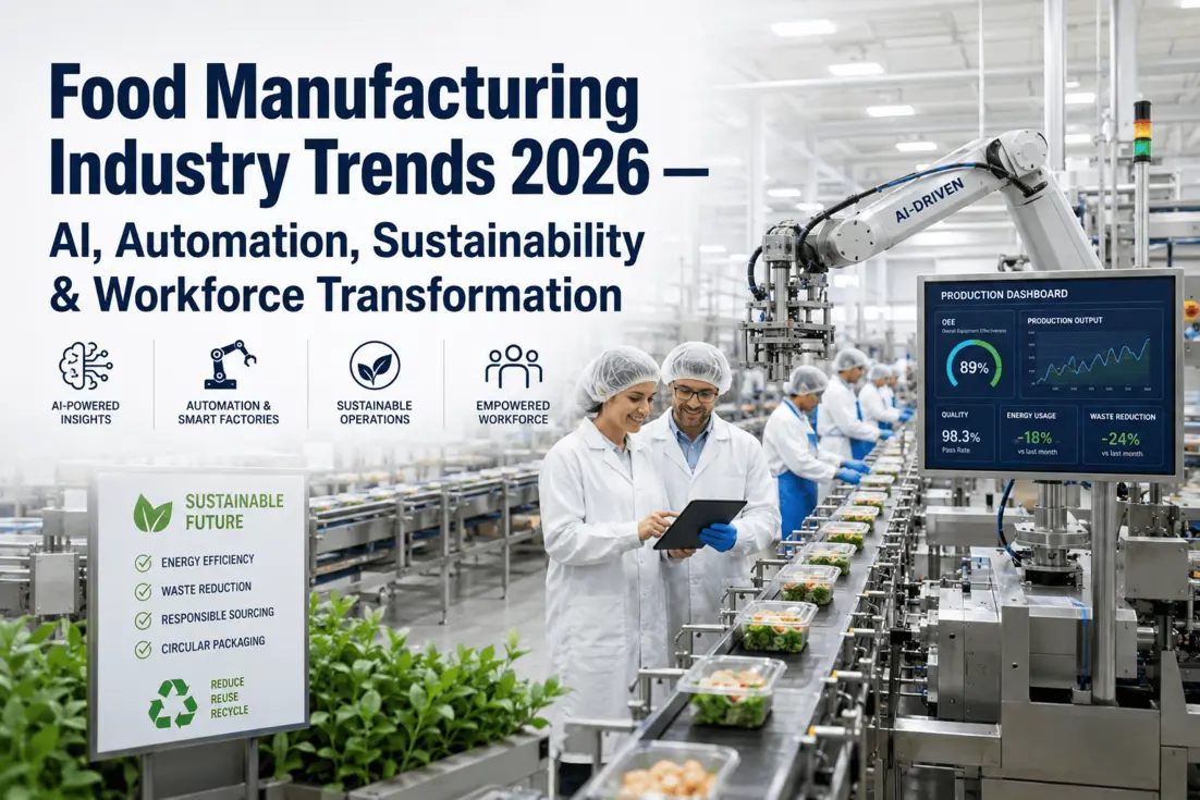 Operators in lab coats and hairnets are overseeing an automated food packaging production line with a robotic arm labeled "AI-DRIVEN," while a production dashboard displays efficiency and output metrics.