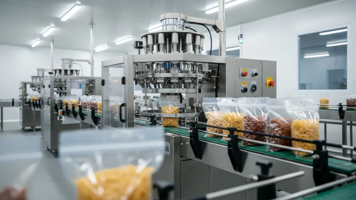 Industrial food packaging line with filling machines, conveyor belts, and clear bags of snacks in a clean facility.