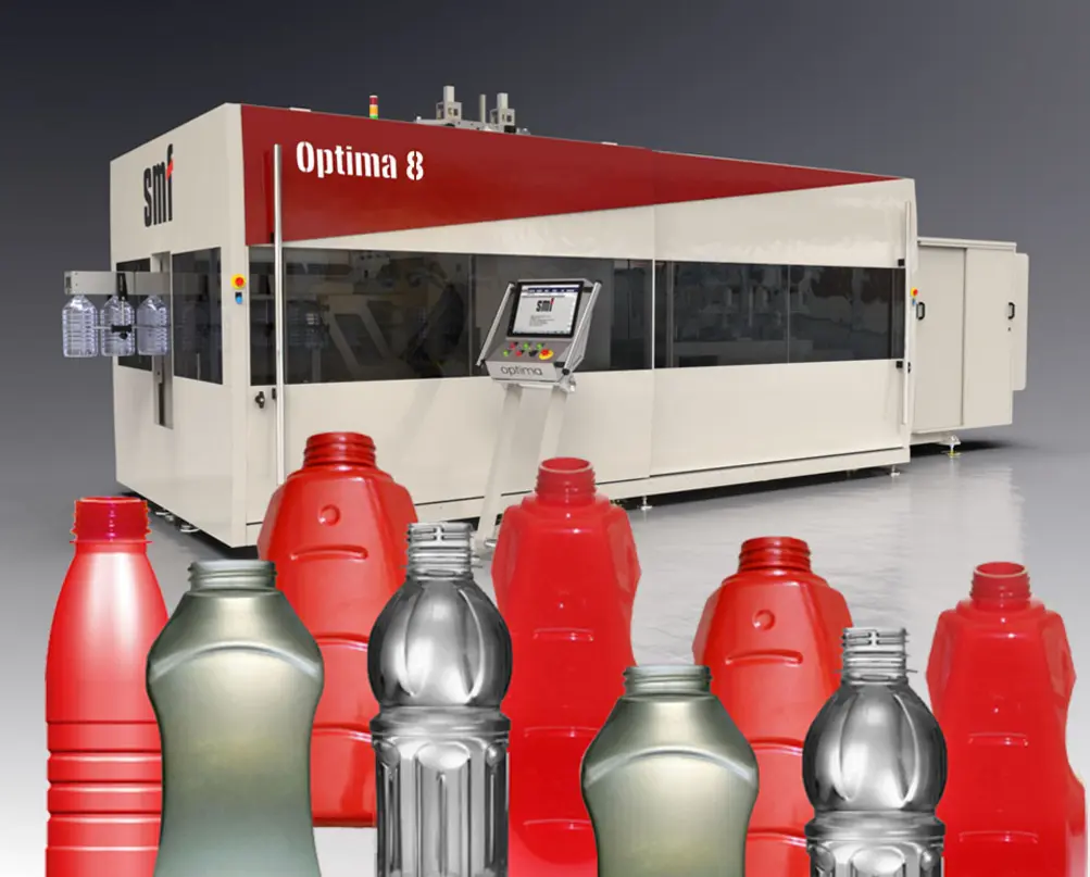 Red beverage-filling machine behind assorted PET bottles in red, gray, and clear finishes.