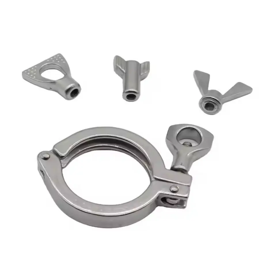 Four metal clamps with various designs, including a circular clamp and two winged attachment pieces.
