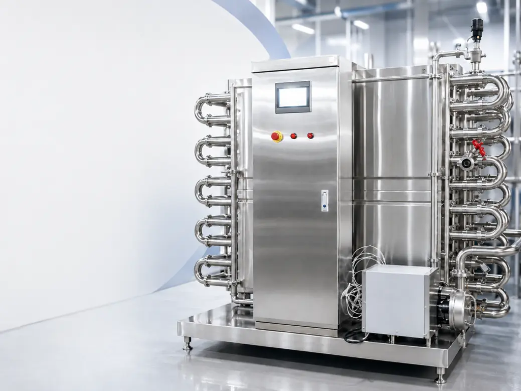 Stainless steel heat exchanger unit with multiple pipe connections and a control panel.