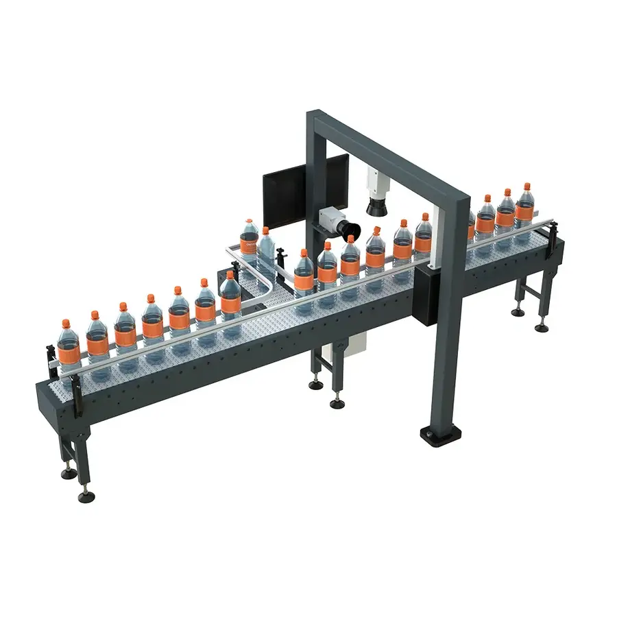 Bottles move along a conveyor beneath an overhead inspection frame with sensors and processing equipment.