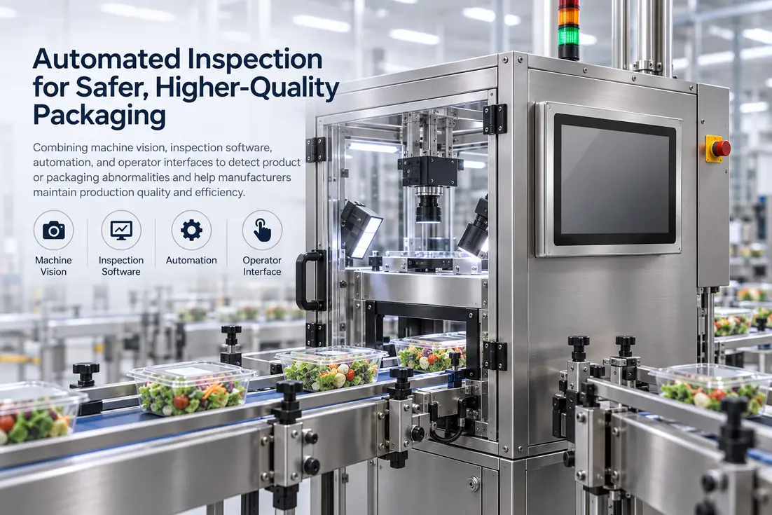 A stainless steel packaging machine with cameras and a control panel inspects containers of salad on a conveyor belt in an industrial factory setting.