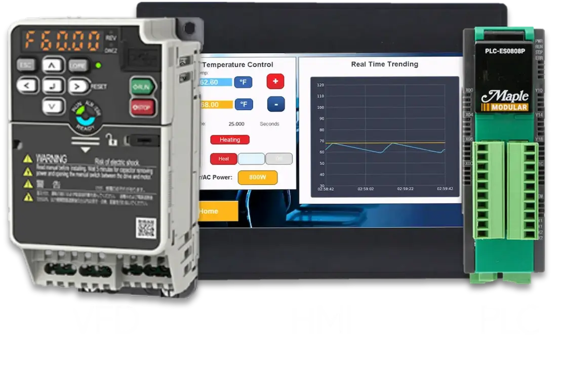 PLC hardware, HMI touchscreen, and a variable frequency drive displayed together.