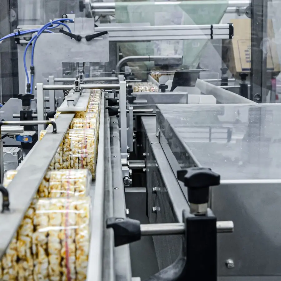 Conveyor belt system with packaged food products in an industrial production environment.