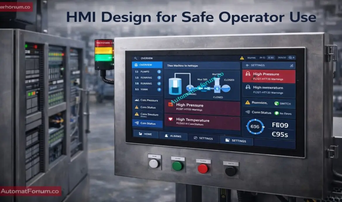 The image shows an industrial HMI control panel with a touchscreen interface displaying safety status alerts, including high pressure and temperature warnings, alongside control buttons and status indicators on the panel.
