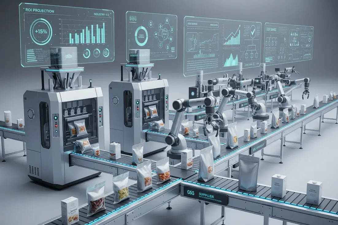 Industrial workspace with automated machines and robotic arms on a processing line.