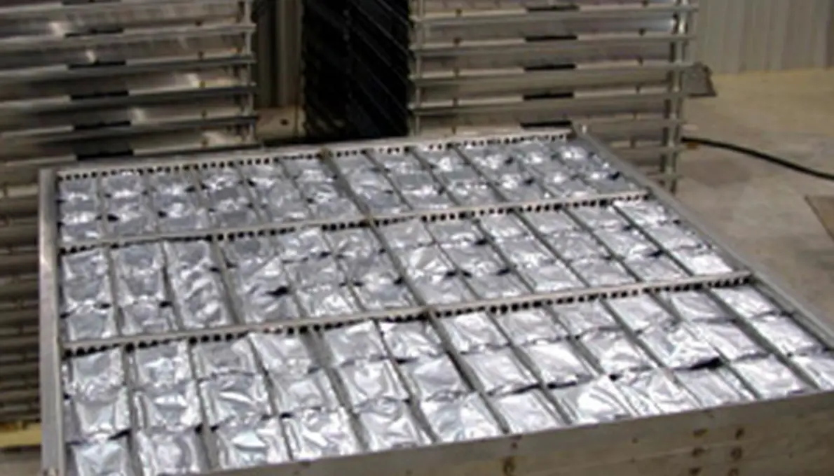 Metal tray holding rows of sealed silver pouches, separated by dividers and stacked in a processing area.