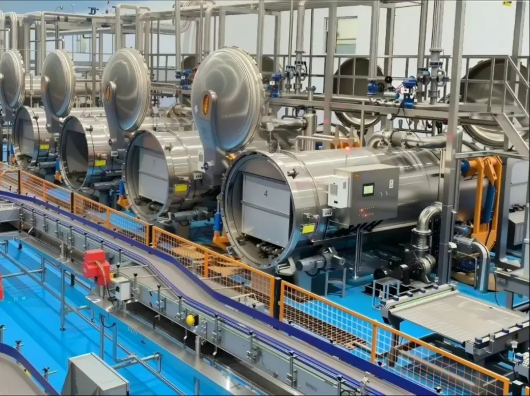 Industrial retort processing equipment and conveyor system inside a clean food manufacturing facility.
