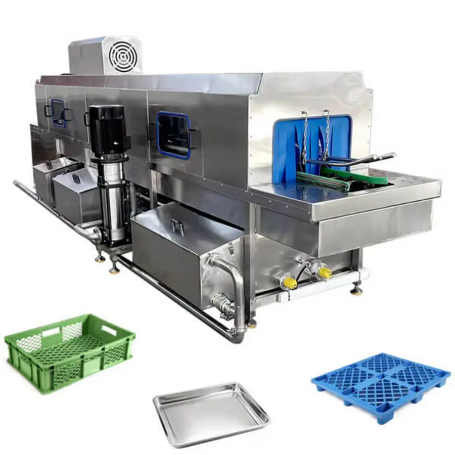 Reusable food container wash line showing conveyor movement from receiving through cleaning and drying