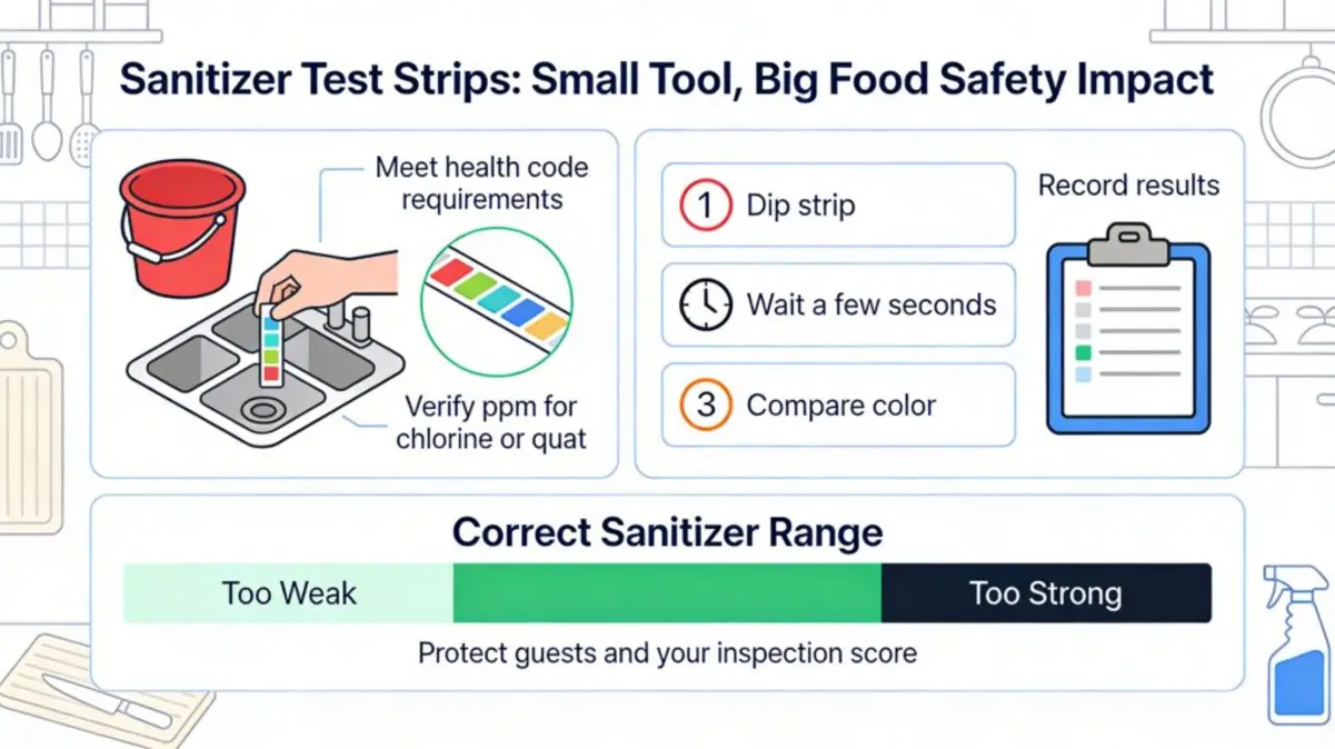 Infographic showing sanitizer test strips, a solution bucket,