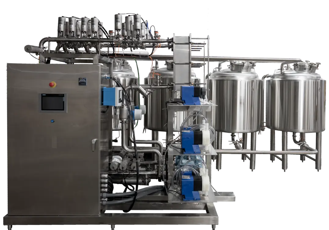 Stainless steel beverage processing and sanitation equipment with tanks, piping, pumps, control panel, and filling heads.