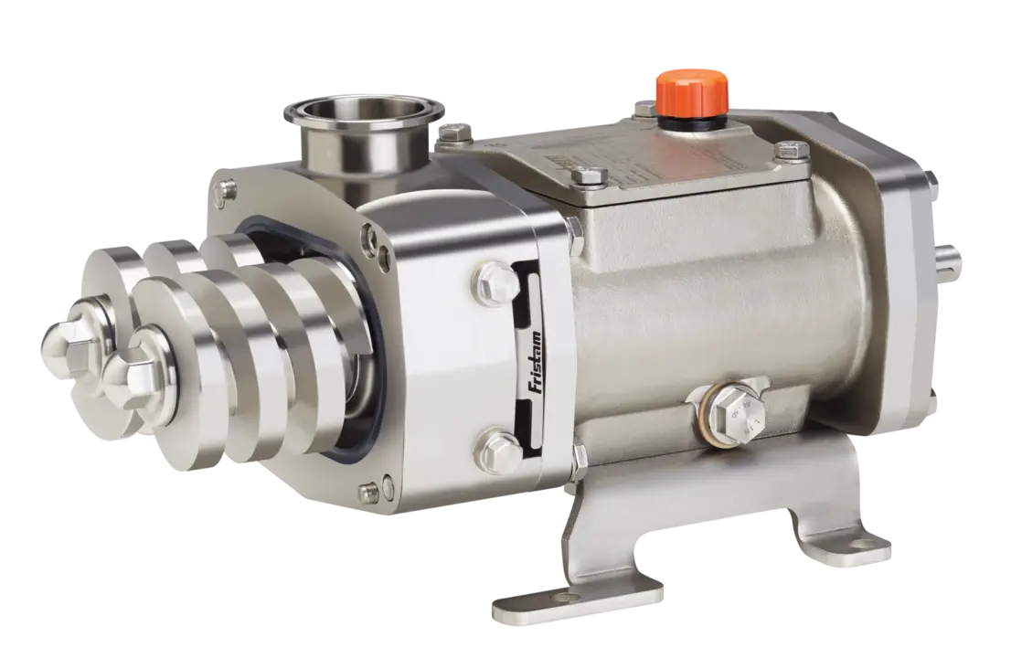 A hygienic positive-displacement pump with a polished metal finish and three lobes.