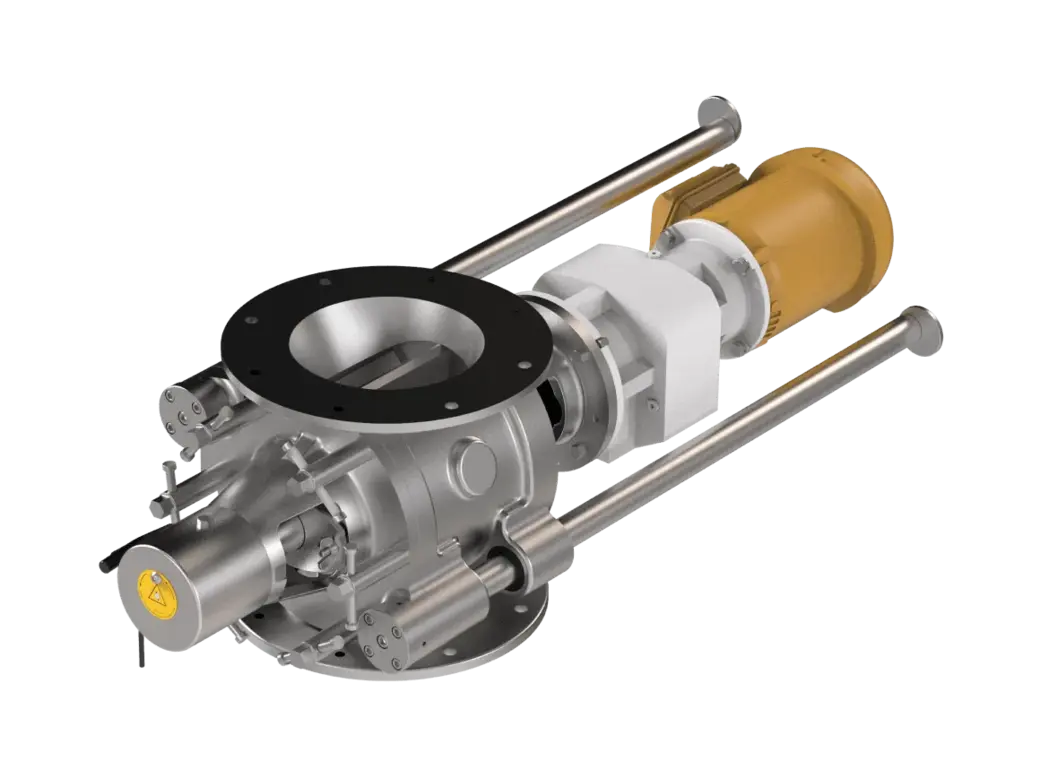 Rotary valve with a rotor-pocket design for ingredient handling and pneumatic conveying.