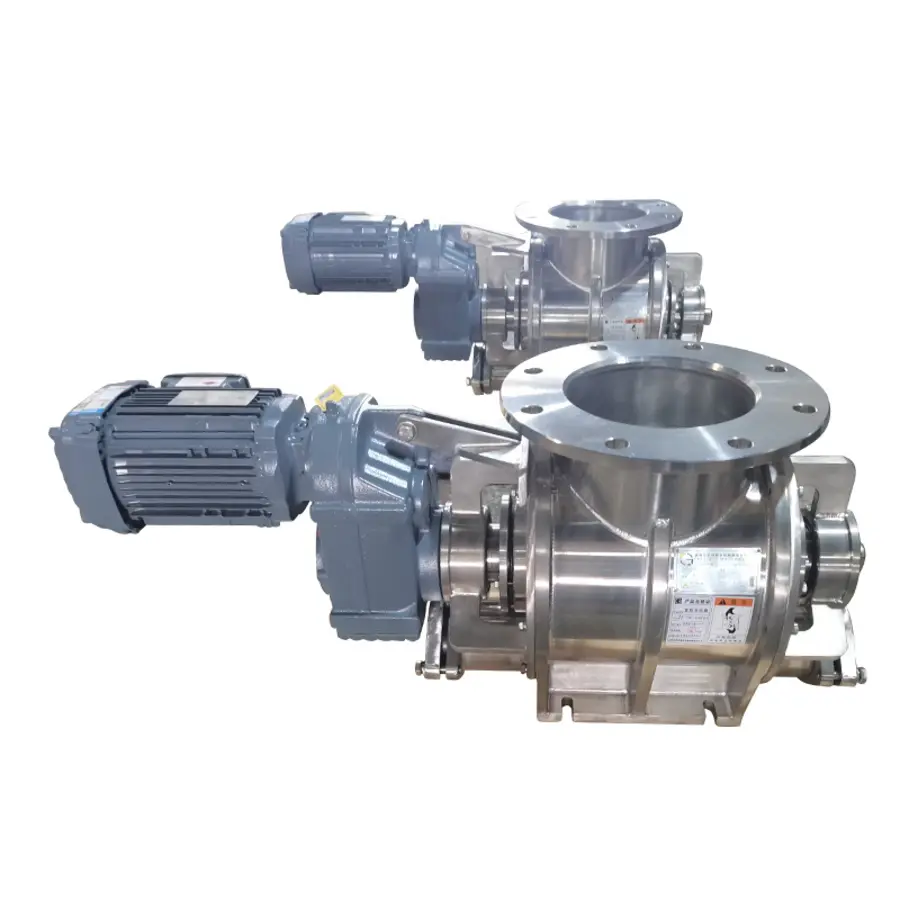 Two stainless steel rotary valves with electric motors.