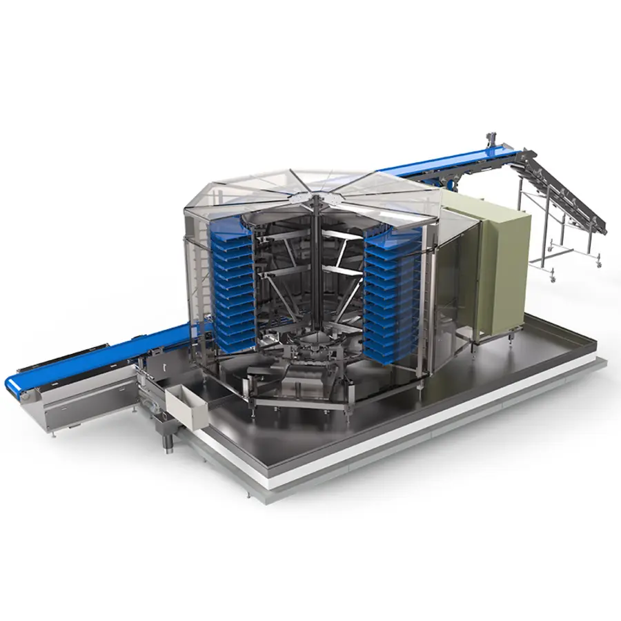 Industrial spiral freezer with vertical conveyor system and multiple stacked trays.