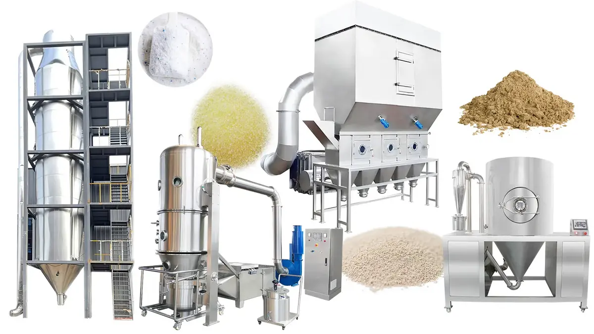 Industrial drying equipment including a spray dryer and fluid bed dryer, with various powders.