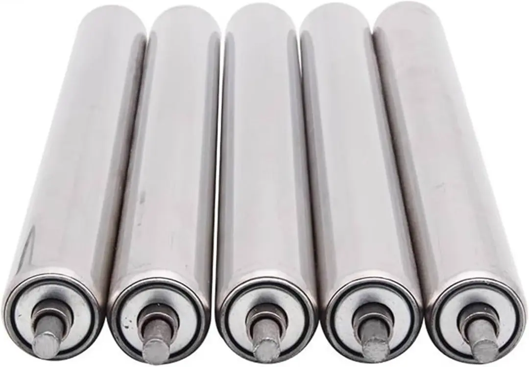 Five shiny metal rollers arranged in a row.