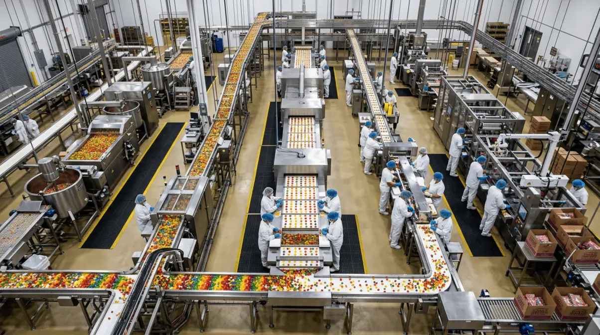 Industrial food processing line with workers, conveyor belts, and equipment handling colorful sugar products.