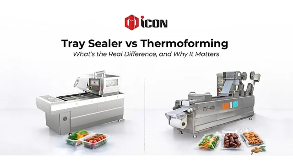 Two packaging machines side by side, one tray sealer and one thermoforming machine, with food products displayed.