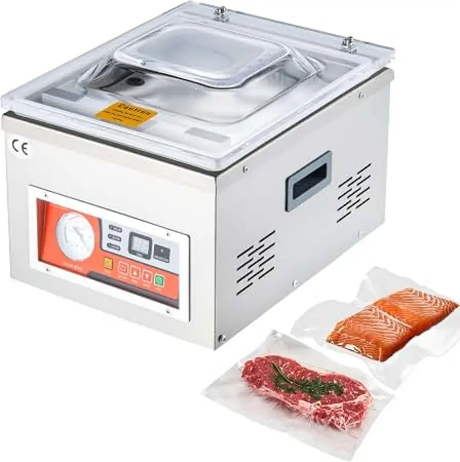 Countertop chamber vacuum sealer with transparent lid, control panel, and two vacuum-sealed food bags.