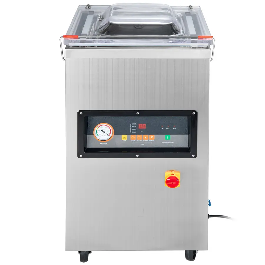 Stainless steel chamber vacuum sealer with transparent lid, control panel, gauge, and red emergency stop button.