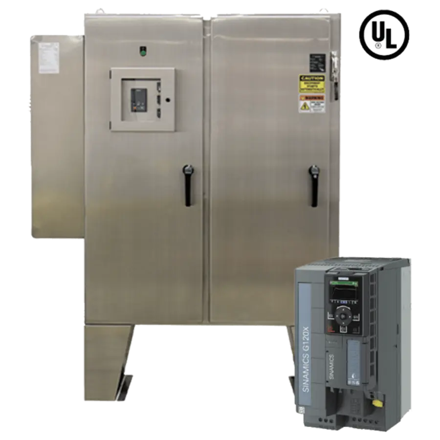 Stainless steel cabinet with control panel and variable frequency drive.