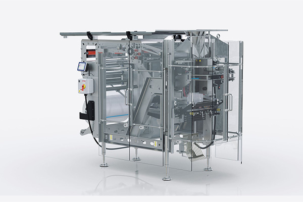 Vertical form fill seal machine producing flexible packages on an industrial packaging line