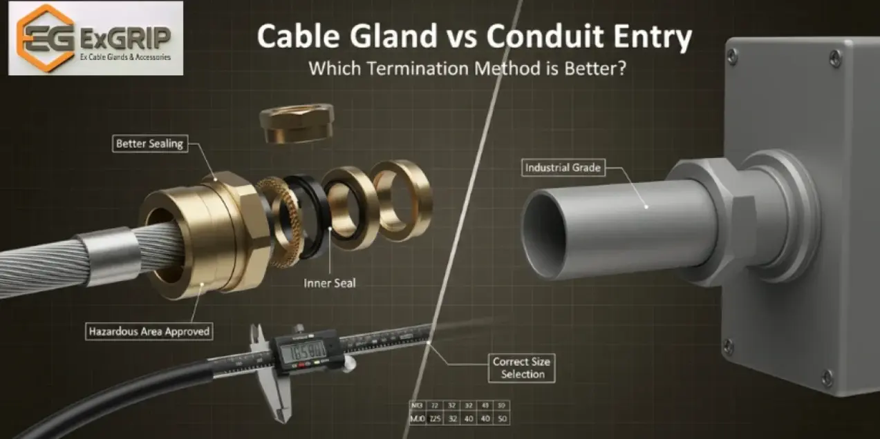 Cable gland with components shown beside a conduit entry mechanism.