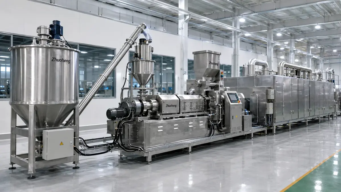 Industrial food processing equipment in a clean, washdown environment.