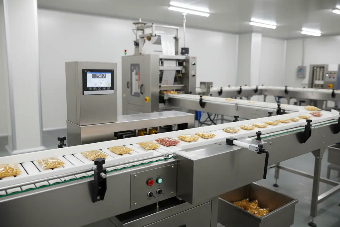 Industrial production line with checkweigher and packaged food items on a conveyor belt.