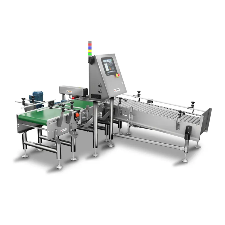 A conveyor system with green belts, control panel, and connected machinery for packaging.