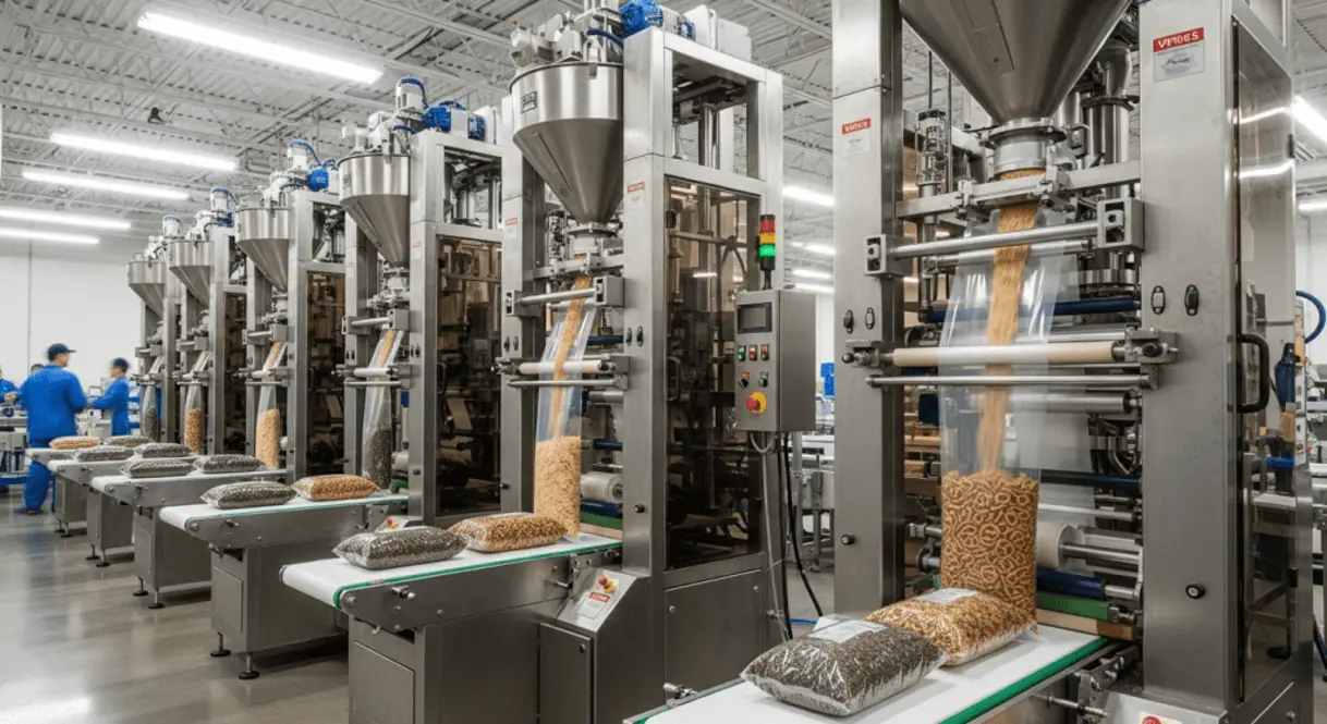 Packaging machinery with multiple lines filling bags with different types of cereal.