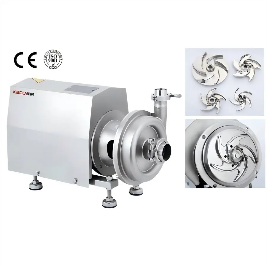 Sanitary centrifugal pump with various impellers and a stainless steel housing.