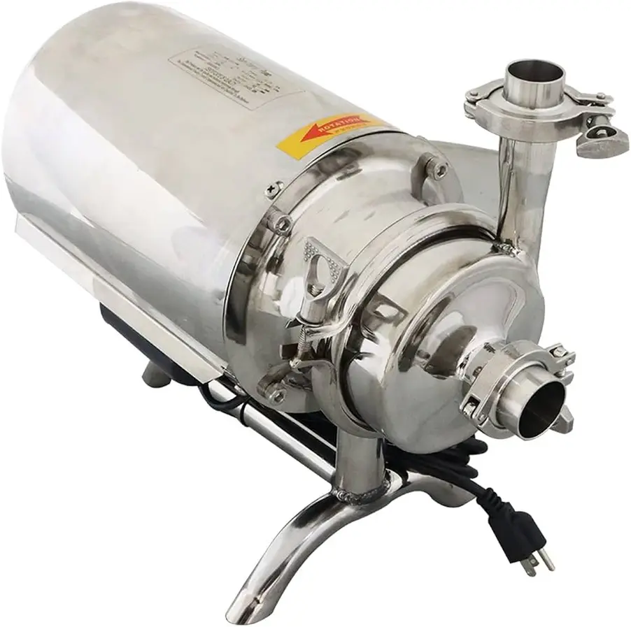 Sanitary food pump with a polished stainless steel exterior and multiple inlet/outlet connections.